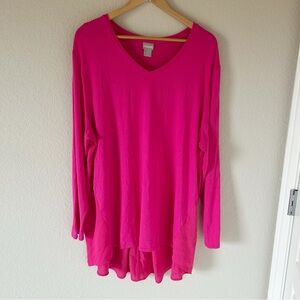 Chico's Women's Bright Pink Pull-On V-Neck Knit Front Chiffon Back Top Size XXL